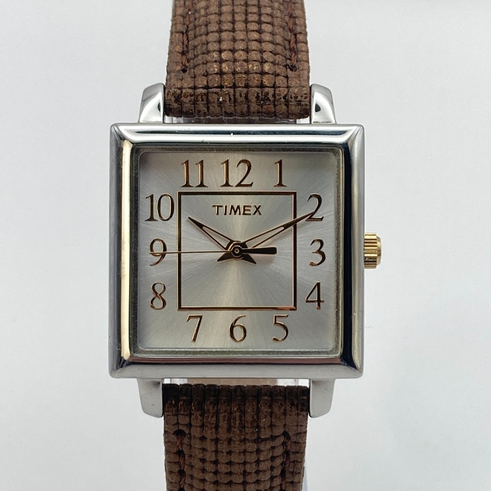Timex Women's Watch 28mm Silver Gold Tone Square Leather Band New Battery 8.25"